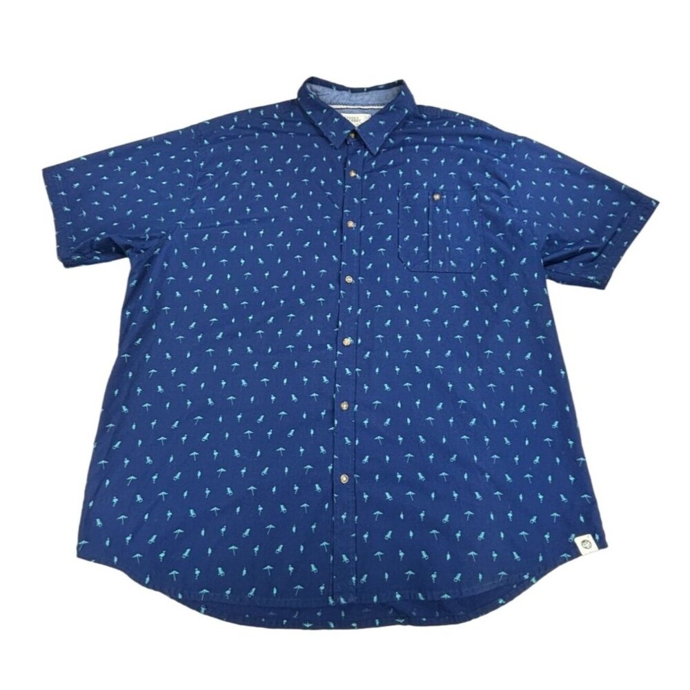 Free Planet Shirt Blue Short Sleeve Button-Up  Flamingo & Beach Chair Mens 3X